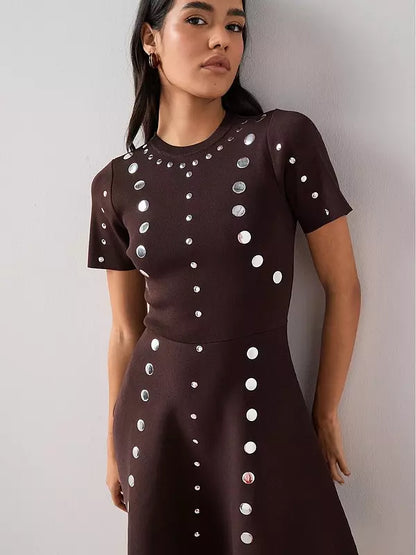 Stud Detail Knitted Dress - Brown
