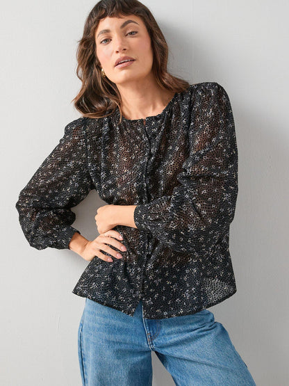Black Ditsy Floral Button Through Blouse