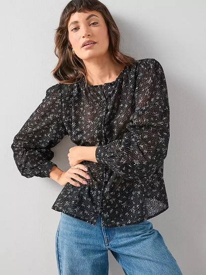 Black Ditsy Floral Button Through Blouse