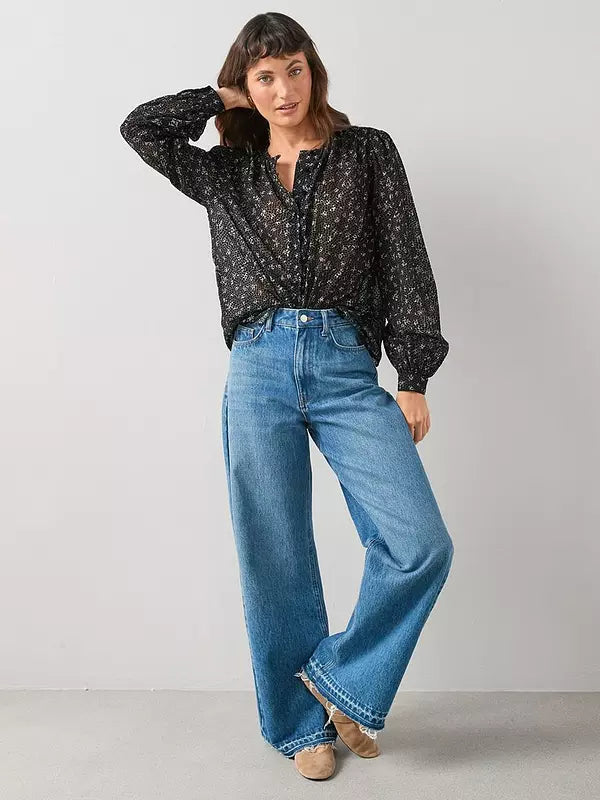 Black Ditsy Floral Button Through Blouse