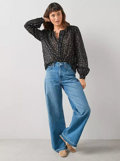 Black Ditsy Floral Button Through Blouse