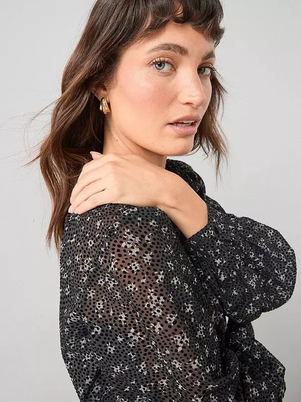 Black Ditsy Floral Button Through Blouse