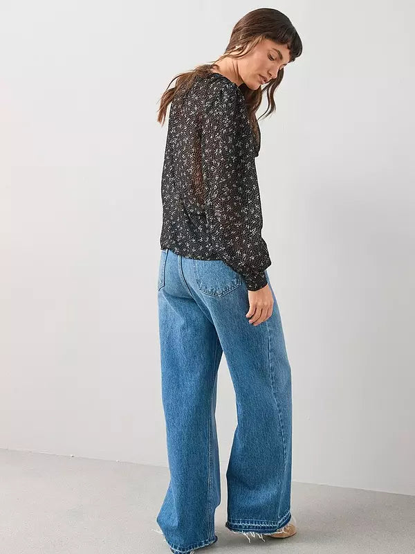 Black Ditsy Floral Button Through Blouse