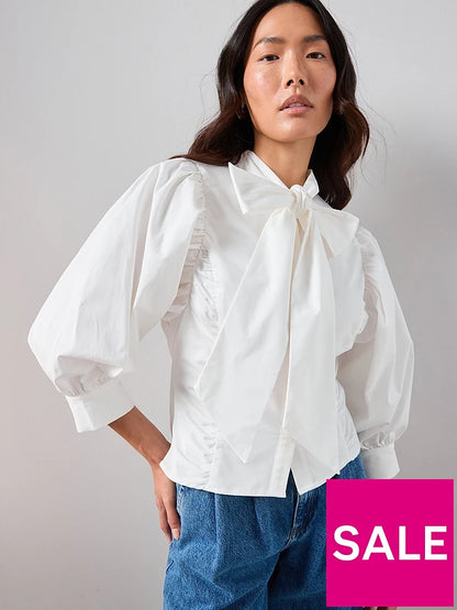 Pussy Bow Ballow Sleeve Blouse Cream