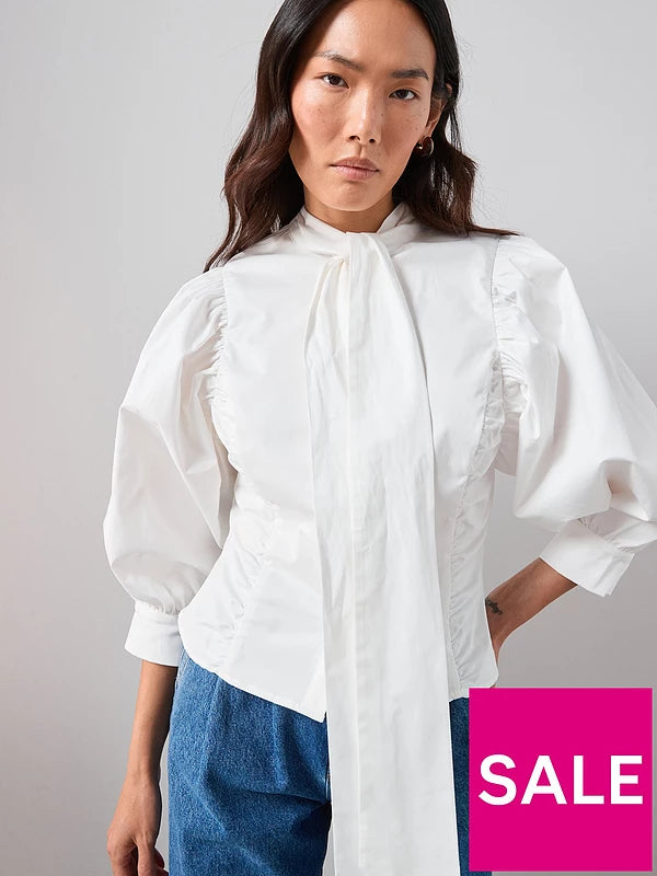 Pussy Bow Ballow Sleeve Blouse Cream