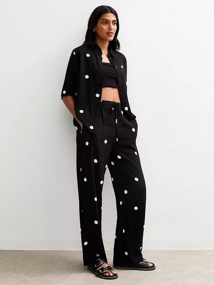 Spot Print Wide Leg Trousers - Black