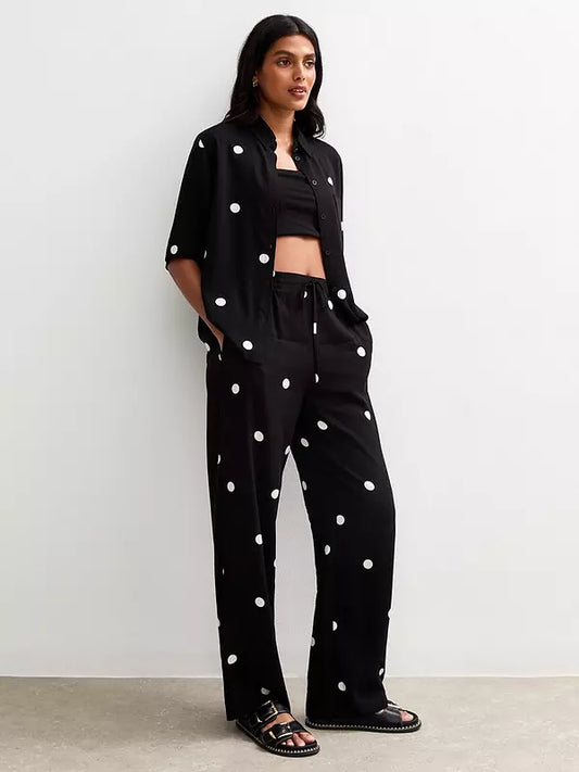 Spot Print Wide Leg Trousers - Black