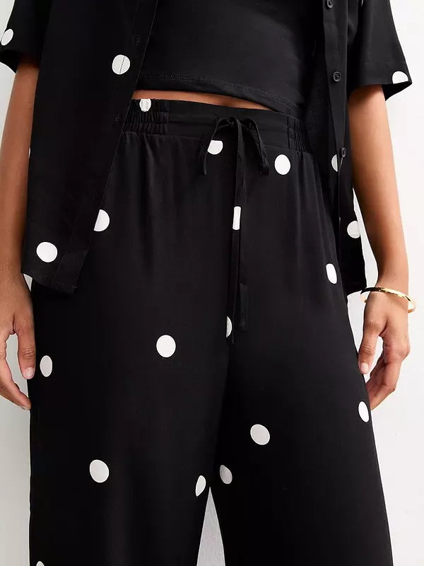 Spot Print Wide Leg Trousers - Black