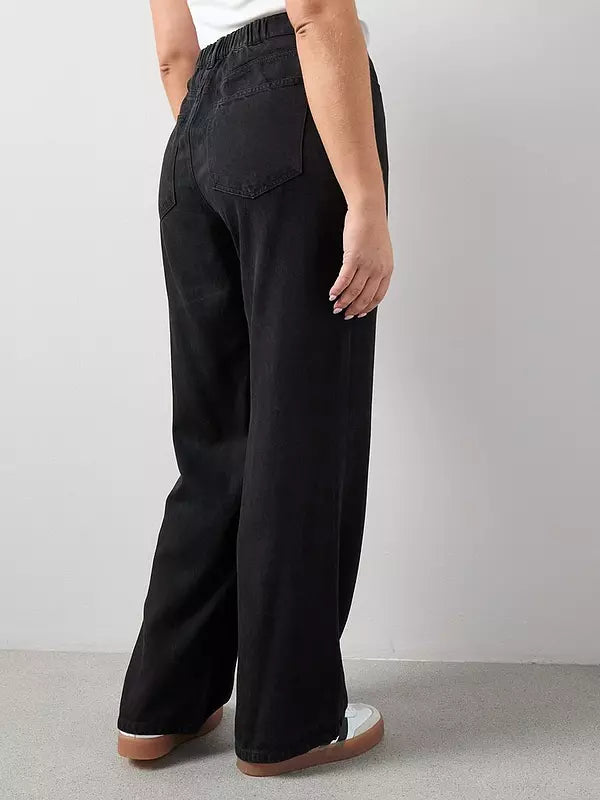 Curve Wide Leg Elasticated Waist Jeans Black
