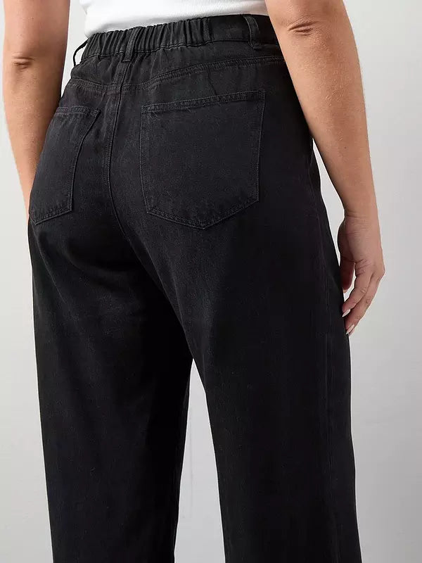 Curve Wide Leg Elasticated Waist Jeans Black