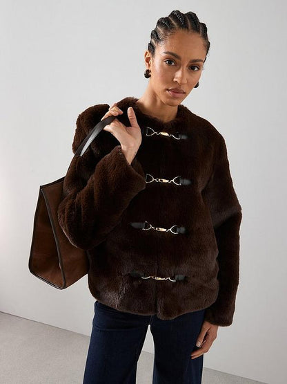 Faux Fur Collarless Jacket With Buckle Detail