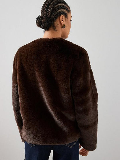 Faux Fur Collarless Jacket With Buckle Detail
