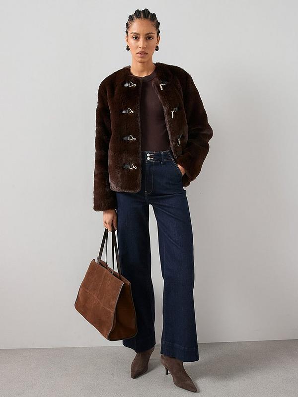 Faux Fur Collarless Jacket With Buckle Detail