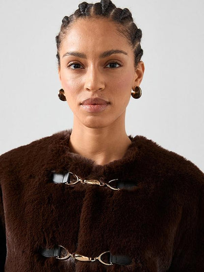 Faux Fur Collarless Jacket With Buckle Detail