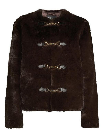 Faux Fur Collarless Jacket With Buckle Detail