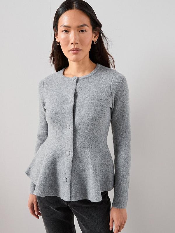 Crew Neck Covered Button Peplum Cardigan-Grey