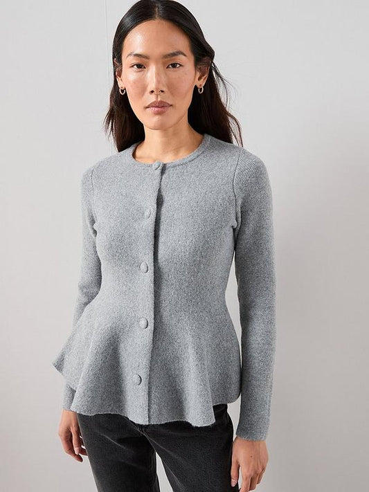 Crew Neck Covered Button Peplum Cardigan-Grey