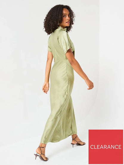 Satin Tie Neck Maxi Dress Green