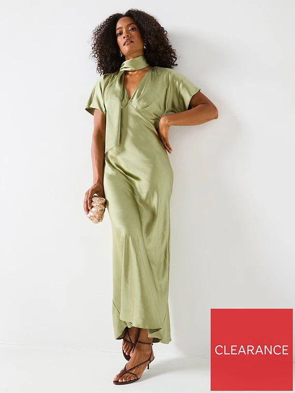 Satin Tie Neck Maxi Dress Green