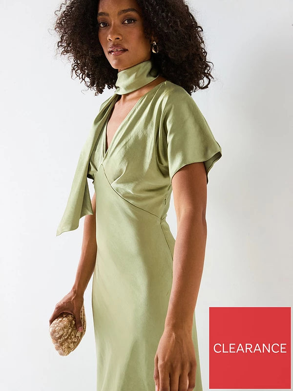 Satin Tie Neck Maxi Dress Green