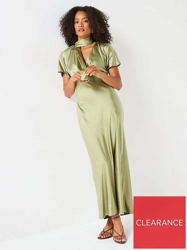 Satin Tie Neck Maxi Dress Green