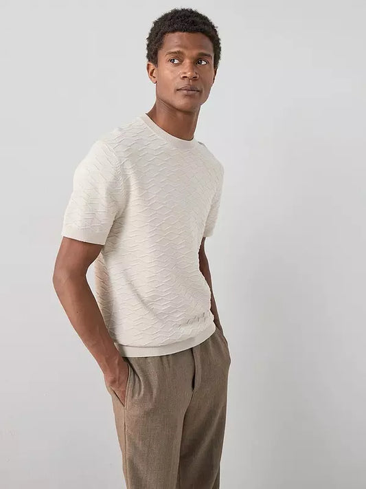 Cotton Rich Short Sleeve Textured Knitted Tee - Beige