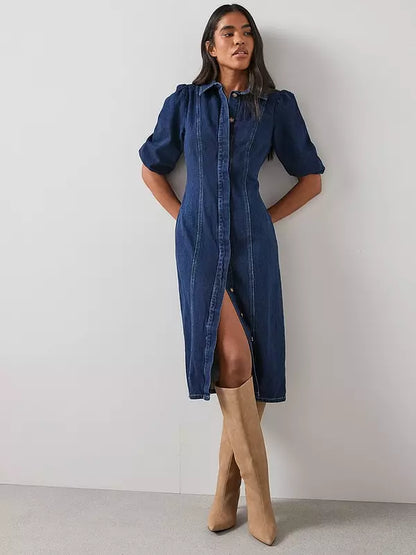 Denim Puff Sleeve Midi Dress - Dark Wash