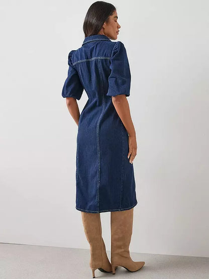 Denim Puff Sleeve Midi Dress - Dark Wash