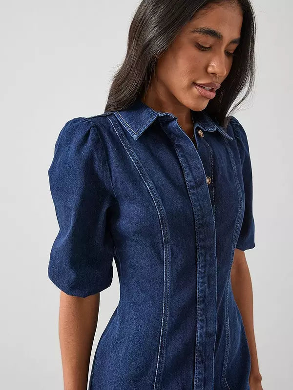 Denim Puff Sleeve Midi Dress - Dark Wash