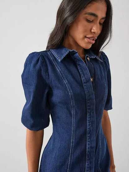 Denim Puff Sleeve Midi Dress - Dark Wash