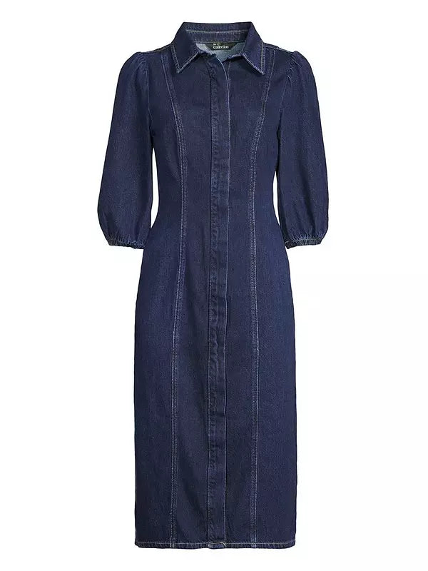 Denim Puff Sleeve Midi Dress - Dark Wash