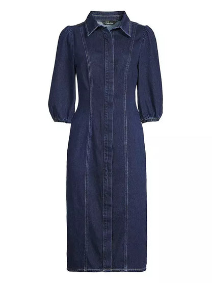 Denim Puff Sleeve Midi Dress - Dark Wash