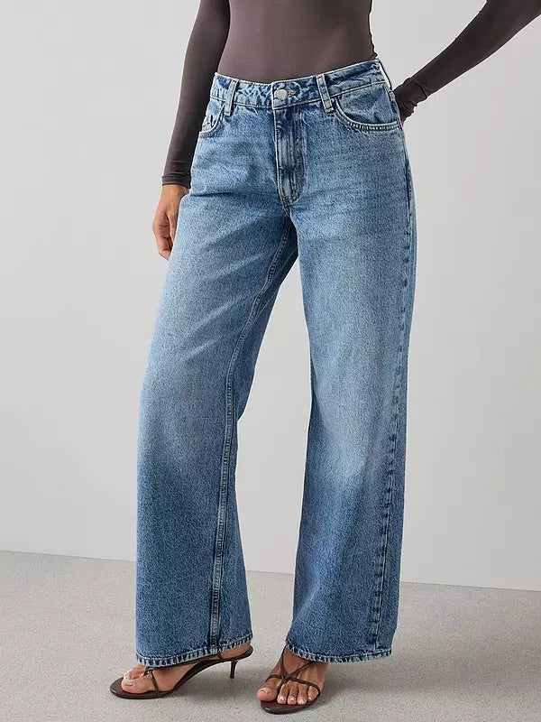 Mid Wash Blue Low Rise Baggy Jeans