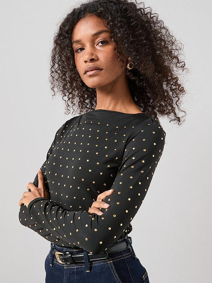 Stud Embellished Slash Neck Top Black