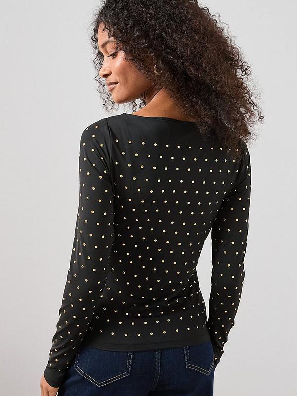 Stud Embellished Slash Neck Top Black