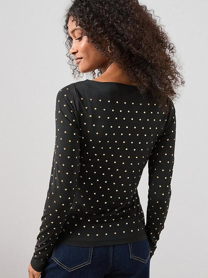 Stud Embellished Slash Neck Top Black