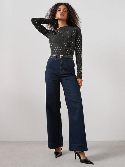 Stud Embellished Slash Neck Top Black