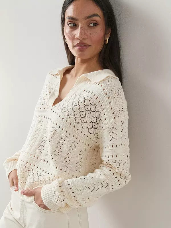 Cotton Rich Collared Neck Pointelle Jumper