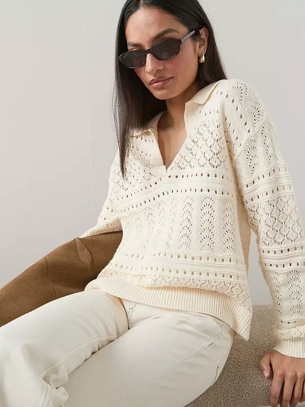 Cotton Rich Collared Neck Pointelle Jumper