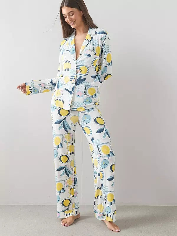 Lemon Print Jersey Revere Pyjamas Set