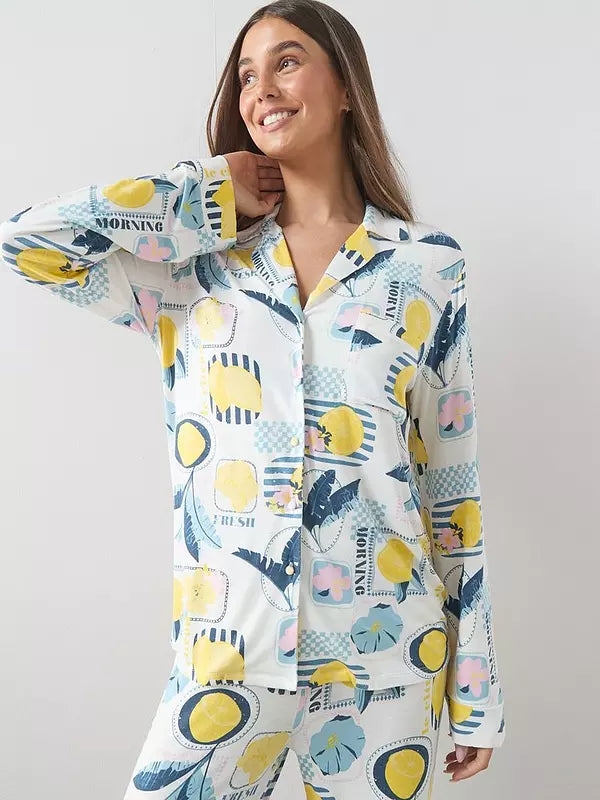 Lemon Print Jersey Revere Pyjamas Set