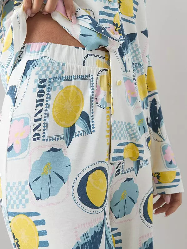 Lemon Print Jersey Revere Pyjamas Set