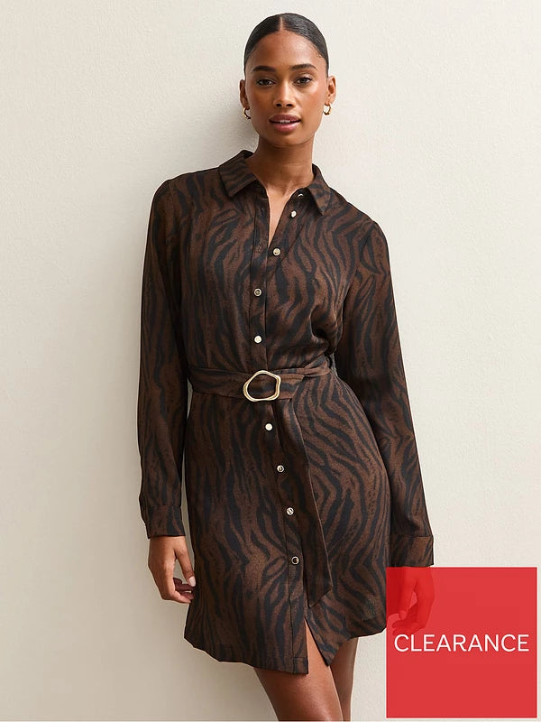 Brown Tiger Print Buckle Detail Mini Dress
