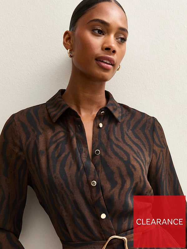 Brown Tiger Print Buckle Detail Mini Dress