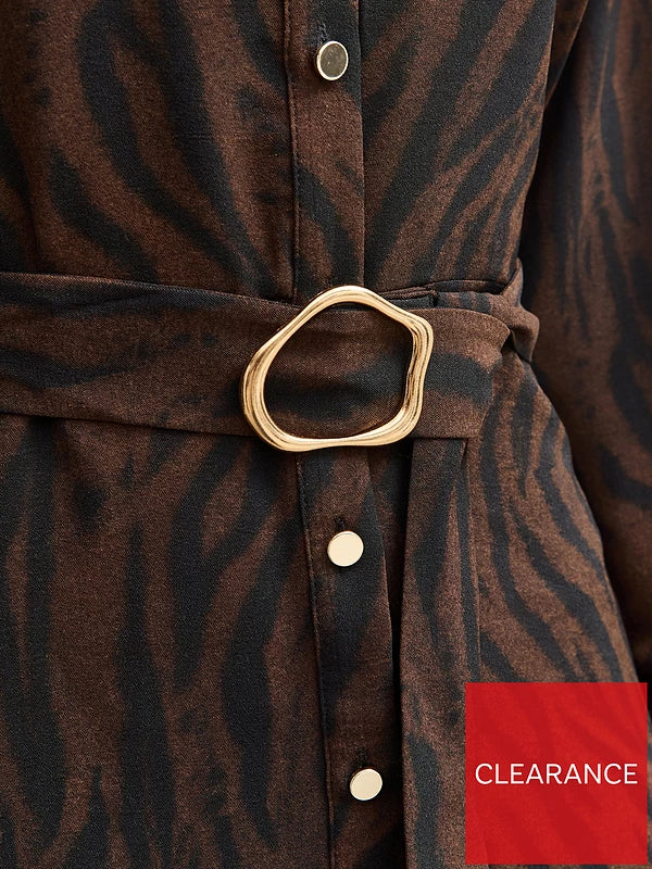 Brown Tiger Print Buckle Detail Mini Dress