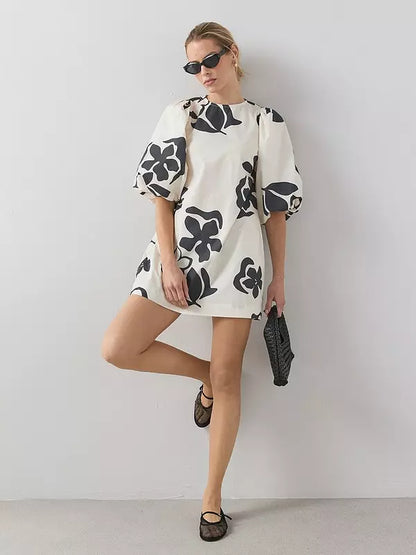 Puff Sleeve Printed Mini Dress