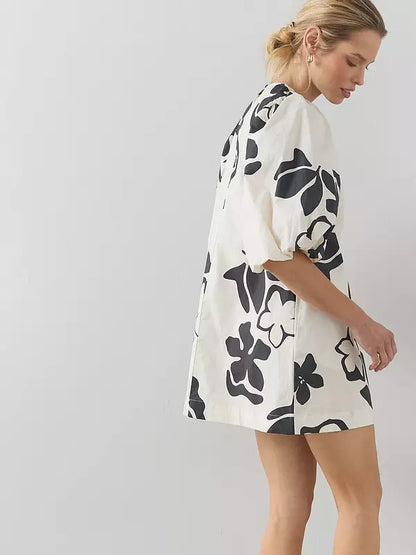 Puff Sleeve Printed Mini Dress