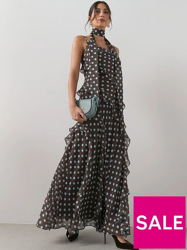 Polkadot Scarf Detail Ruffle Maxi Dress