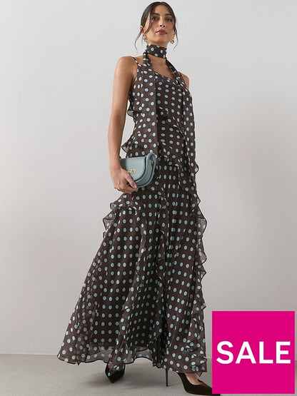 Polkadot Scarf Detail Ruffle Maxi Dress