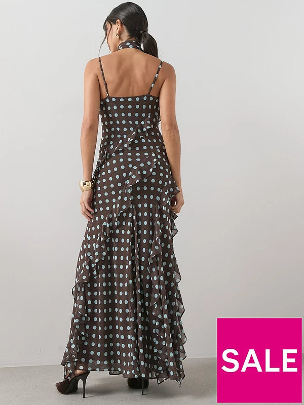 Polkadot Scarf Detail Ruffle Maxi Dress